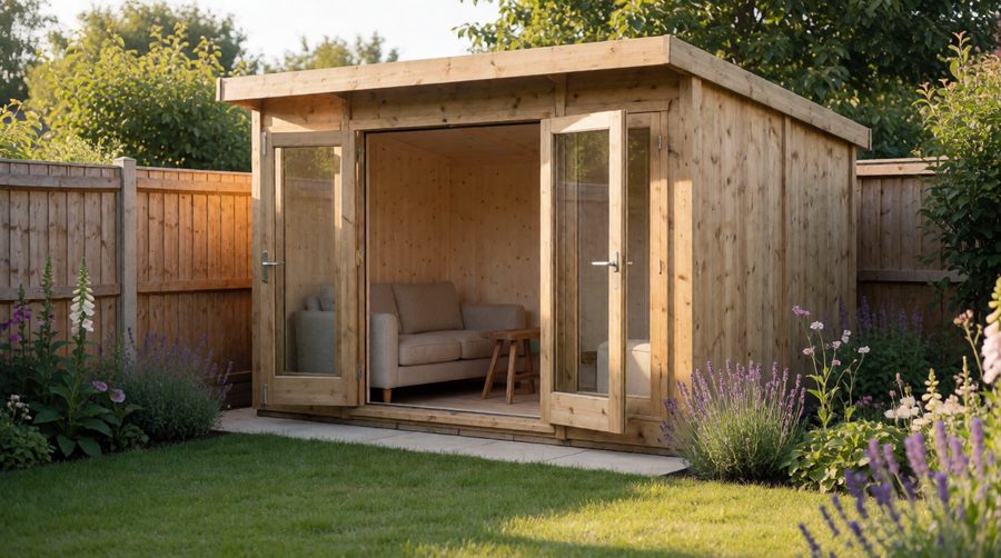 10x6 summer houses: wooden pent summerhouse with glazed double doors open in a UK back garden