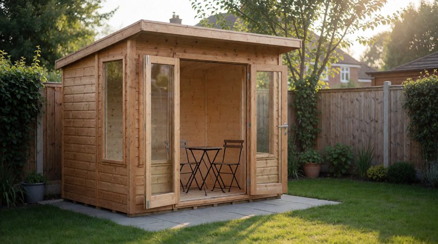 Cheap summer houses: a small pent roof wooden summer house with doors open on a slab base in a UK back garden