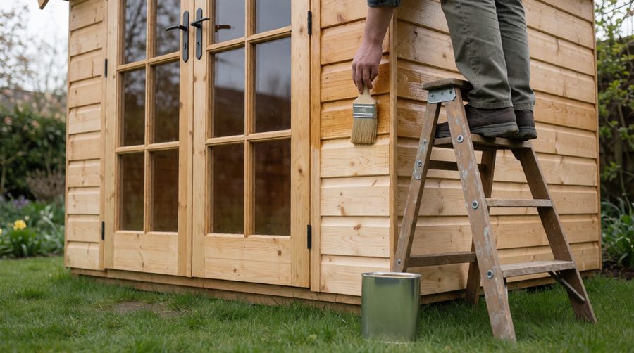 Brushing wood treatment onto a dip treated budget summer house in spring