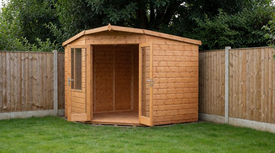 Corner summer houses fit the angle of two fences: a honey-brown shiplap summerhouse tucked into a garden corner with its glazed double doors open