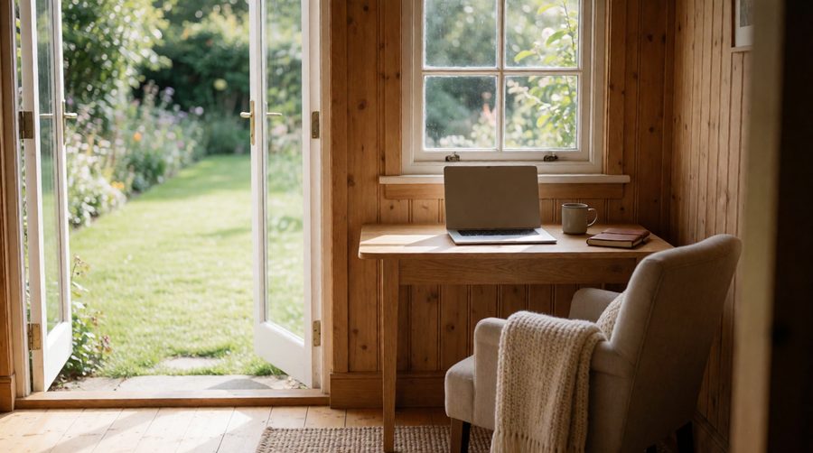 Inside a corner summer house set up as a small home office with a desk under the window and an armchair by the open doors
