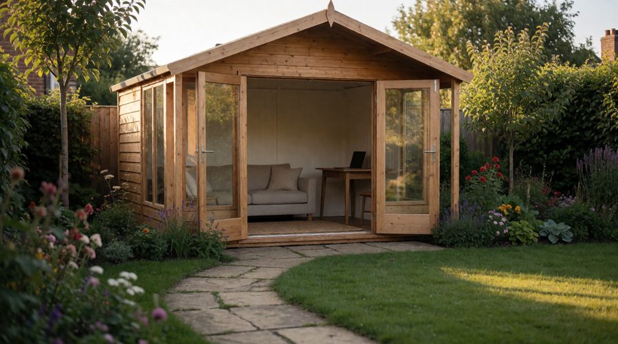 Large summer houses: timber apex summerhouse with open double doors, sofa and desk inside, at the end of a lawn